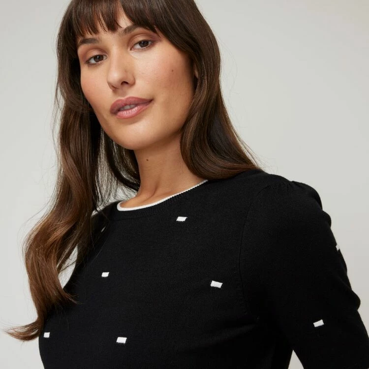 Khoko Smart Puff Sleeve Dash Knit 3/4 Sleeve Black Ivory Black & Ivory 4 Khoko Smart Puff Sleeve Dash Knit 3/4 Sleeve Black Ivory Black & Ivory - Image 2